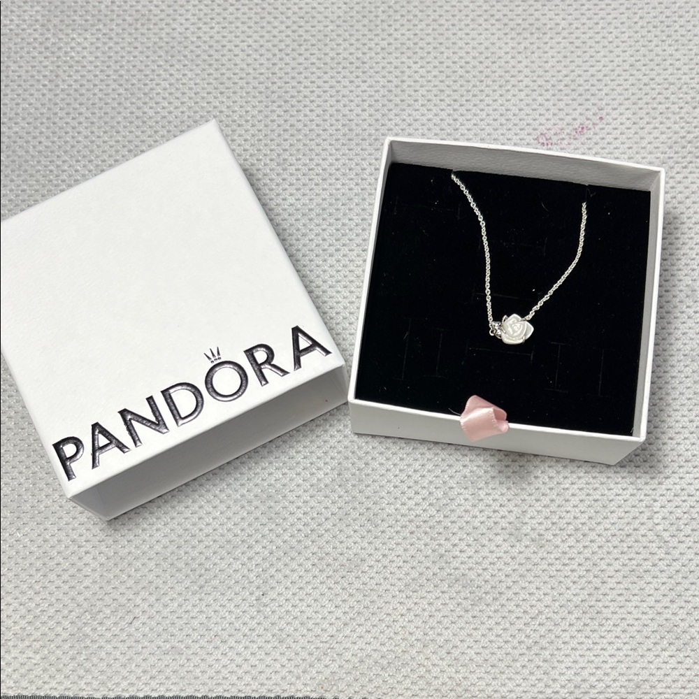 Pandora Silver Necklace with Pink Rose Charm Never Worn